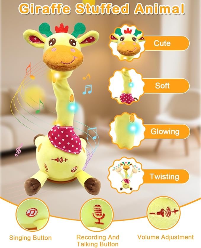 Pbooo Dancing Talking Giraffe Toy, Stuffed Animal Repeats What You Say, Electronic Musical Plush with Glowing Light, Interactive Baby Toys Gifts for Toddlers Kids Boys Girls 1 2 3 Years Old