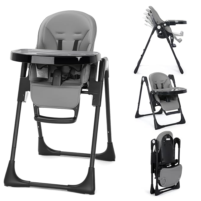 Kinder King Convertible High Chair for Babies & Toddlers, Adjustable Baby Feeding High Chair with Removable Double Tray, Simple Compact Fold for Space-Saving, 2 Built-in Wheels, Easy to Clean, Gray