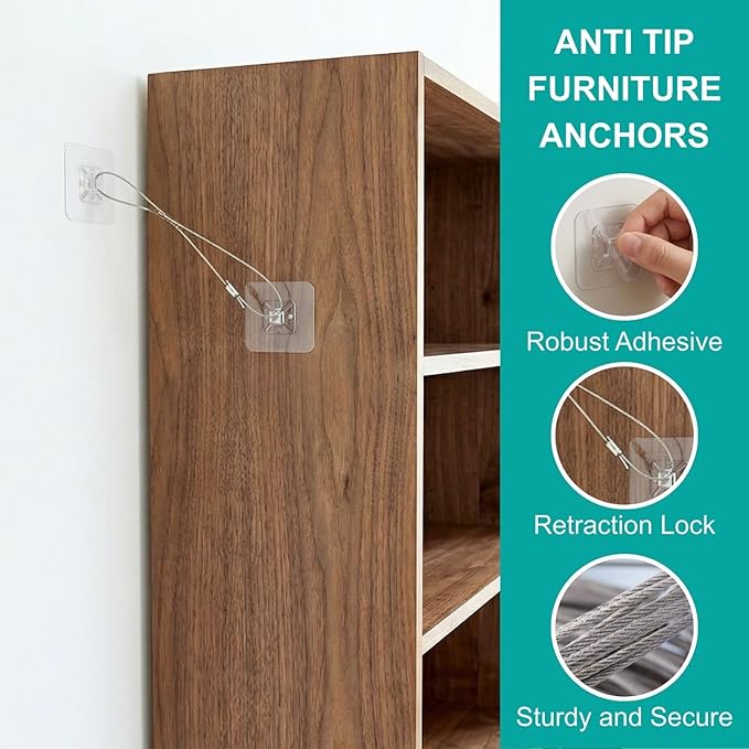 No Drill Furniture Anchors, Metal Anti Tip Furniture Anchors for Baby Proofing, Adhesive Wall Anchors for Furniture, Adjustable Furniture Anchor Straps for Child Toddlers Pets Safety (8 Pcs)
