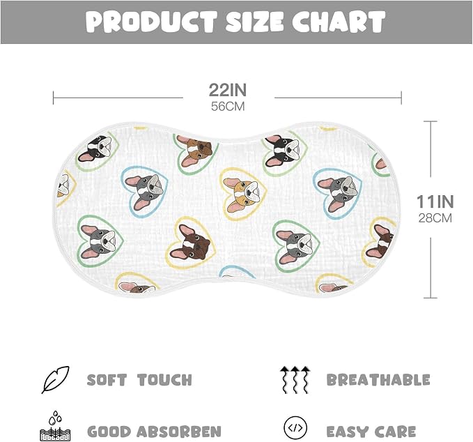 2 Pack Muslin Burp Cloths Bulldog Hearts White Cotton Baby Burp Cloths Absorbent Burping Cloth Soft Spit Up Rags for Newborn Babies Boys Girls 22x11 Inch