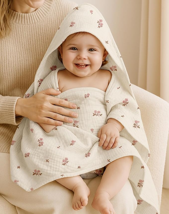 Hooded Baby Towels 2 Pack, Muslin Baby Bath Towels with Hood for Newborn Infant and Toddler, Soft Breathable & Absorbent, 32" x 32" (Floral & Pink, Heavyweight)