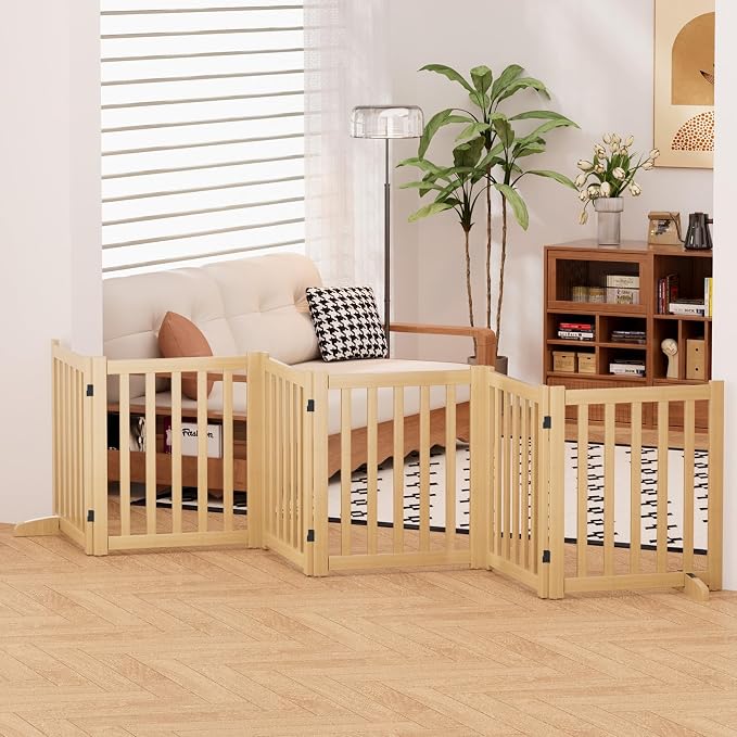 Wooden Freestanding Foldable Dog Gate, 24 Inch Height 6 Panel Pet Gate No Drill for Doorways Stairs, Fully Assembled Indoor Puppy Fence (Wood Color, 120" W x 24" H)