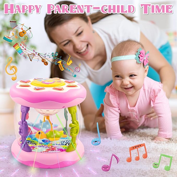 Baby Girl Toys for 6-12 Months Ocean Rotating Light Up Musical Toys Tummy Time Infant Toys 3-6 12-18 Months Baby Girl Toys 1 2 Year Old(Pink)