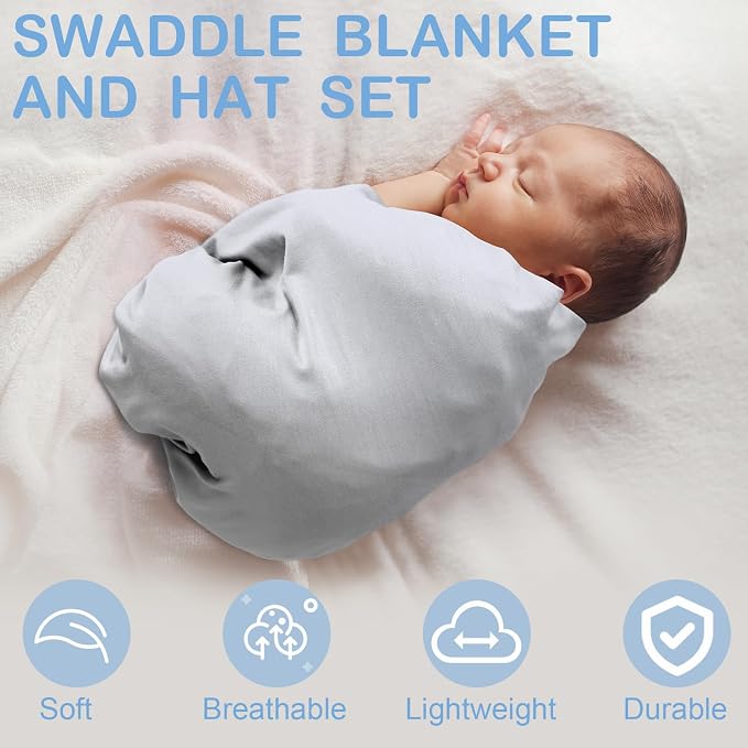 JaGely 2 Pcs Stretchy Baby Swaddle Blankets Set with Hats Extra Soft 47" x 47" Newborn Nursery Swaddle Wrap for Baby Girls and Boys(Light Gray, Light Blue)