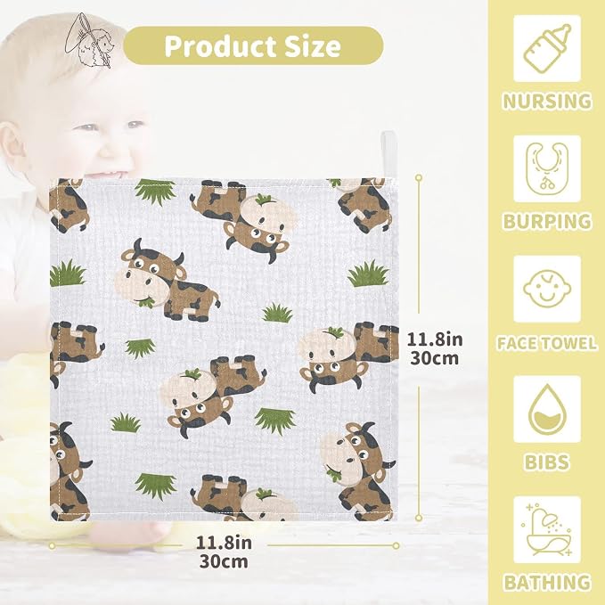 vvfelixl Cotton Brown Cow Grass Muslin Washcloths - Soft Baby Face Towel for Newborn Infants, 11.8 X 11.8 Inch, 5 Pack