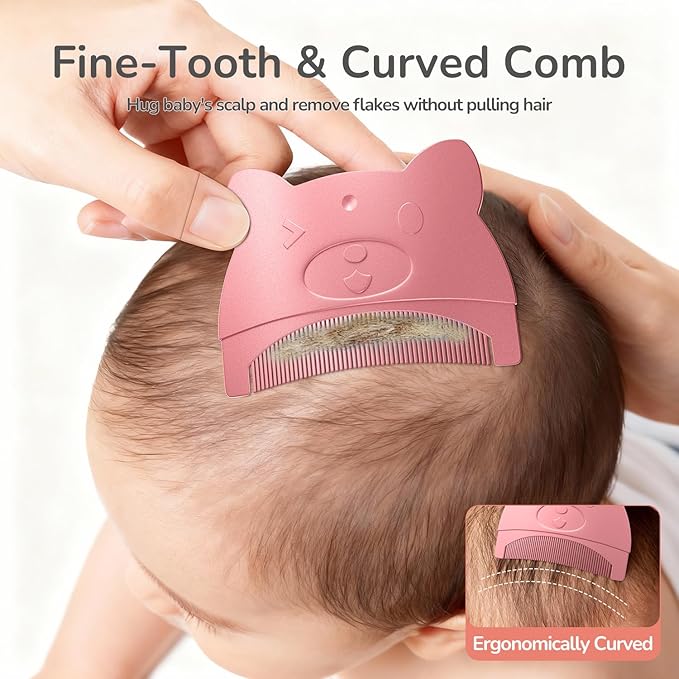 3-in-1 Baby Cradle Cap Brush kit, Soft Baby Brush, Curved Comb & Bath Sponge | BPA-Free Cradle Cap Treatment Set for Newborns, Infants Dry Skin Flakes Removal, Pink