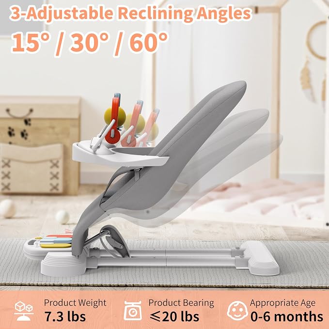 Baby Bouncer Seat, 3-Speed Adjustable Height Baby Bouncer Seat, 4-in-1 Bouncer Seat for Babies 0-6 Months, Detachable Piano Pedals, Feeding Tray