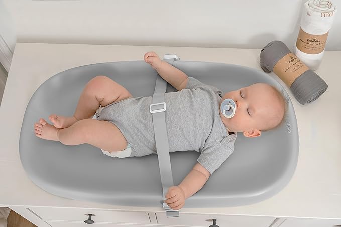 Papablic Baby Changing Pad ??Soft & Wipeable Diaper Changing Table Mat for Dresser Bed Sofa, Built-in Safety Belt, Non-Slip, Waterproof, Easy to Clean ??Gray, Ideal Gift for New Parents