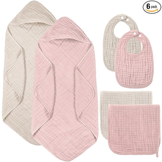 Hahafelt 6 Pcs Muslin Hooded Bath Towels Washcloths and Bibs Set, Muslin Cotton Baby Towels Absorbent Hooded Blanket Towel Infant Bibs for Boys Girls Newborn Infant Essentials(Light Green,Light Gray)