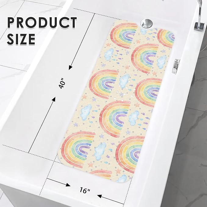 Rainbow Boho Bathtub Shower Mat Cute Cloud Non-Slip Tub Extra Long Bath Floor 40X16 Inch Machine Washable for Bathroom Tub Bath Mat for Toddler and Baby