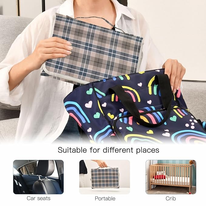 Brown Plaid Checkered Portable Diaper Changing Pad with Wipes Holder, Geometric Gingham Foldable Baby Diaper Changer Travel Bag Rustic Baby Changing Mat with Built-in Pillow for Newborn