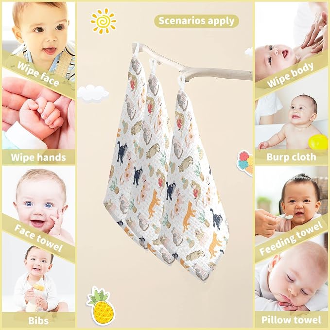 vvfelixl Baby Washcloths Cotton Funny Cats Cactus Baby Muslin Washcloths Soft Baby Face Towel for Newborn Infants Baby Wipes, 11.8 X 11.8 Inch, 3 Pack