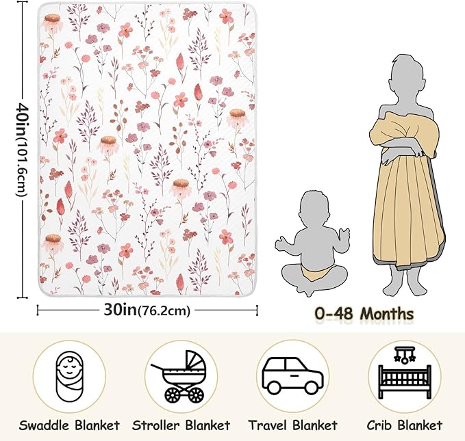 Ollabaky Wildflowers Watercolor Baby Blanket for Boys Girls, Cotton Toddler Newborn Swaddle Blanket for Stroller Crib Nursery Receiving Blanket Infant Unisex 30"x40"