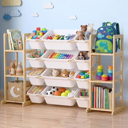 Toy Storage Organizer with Bookshelf for Kids, Large Wooden Shelf with 12 Storage Bins & 6 Shelves, Toy Box Organization for Kids Rooms, Playroom, Nursery and Living Room