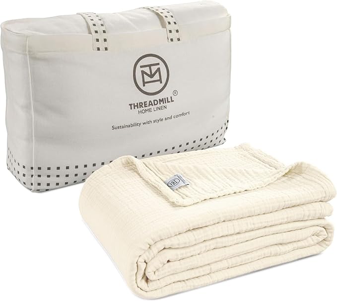 Threadmill King Size Muslin Blanket |Pre Washed 4 Layer Lightweight Gauze for All Seasons | Soft, Breathable, and Cozy Picnic Blankets| Pre Washed Summer Blanket Fits Cal King Size Bed | Natural