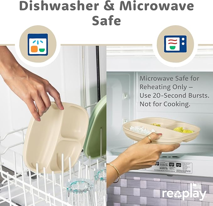 Re-Play Toddler Plates with Dividers - Deep-Walled 3 Compartments Divided Plates for Kids with 3 Lids - Dishwasher & Microwave Safe - Made in USA - Set of 3-7.37" x 7.37" x 1.25" - Seashell