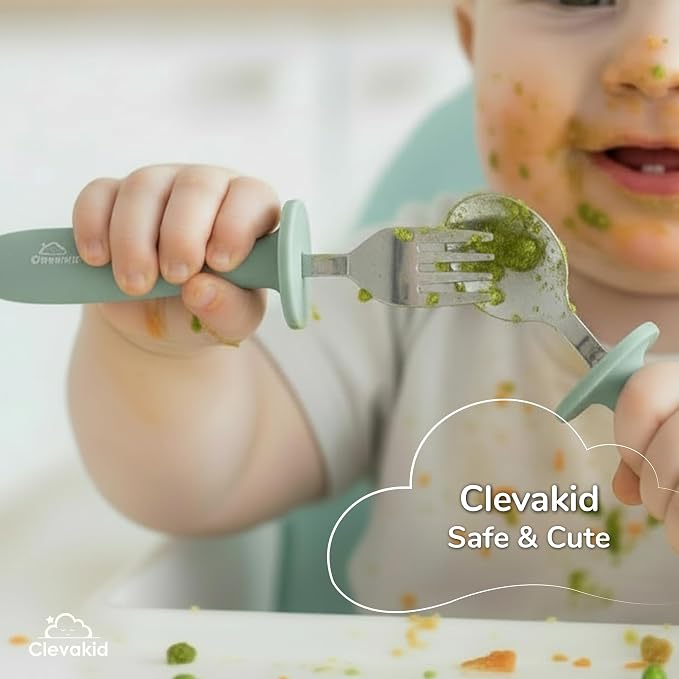 Toddler Stainless Steel Spoon & Fork Set, Non-Slip Silicone Handle, BPA-Free, Self-Feeding (Green Olive)