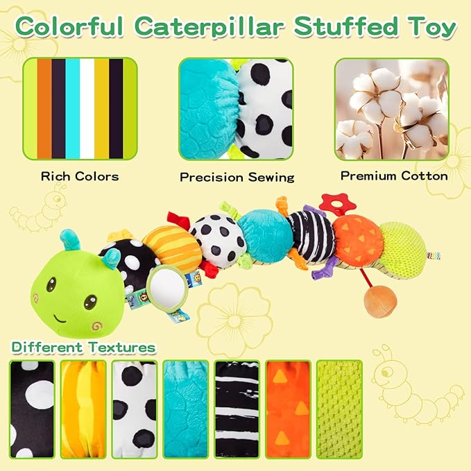 Baby Sensory Toys 0-6 6-12 Months, Musical Plush Animal Stuffed Caterpillar with Crinkle & Rattle, Tummy Time Toys for Infants Newborn 3 6 9 12 18 Months, Car Seat and Shower Gifts for Boys Girls