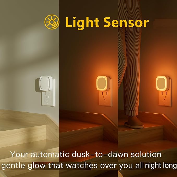 YUNLEX 4 Pack Amber Night Light, Dusk to Dawn Sensor, Warm Glare-Free Reflected Glow, 3-Level Dimmer, Auto On/Off, Plug-in LED Nightlight for Bedroom, Kids, Bathroom, Sleep, Baby Nursery, Toddler