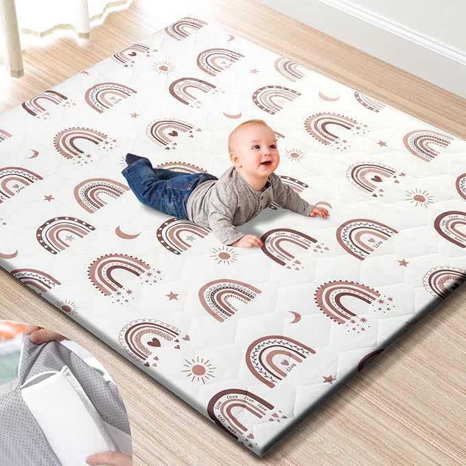 TINYHARBO Premium Foam Baby Play Mat 50" x 50" with Removable Cover, Extra Thick Padding Playpen Mat, Non-Slip Floor Mat, Stylish & Easy to Clean for Crawling Baby, Infants & Toddlers, Rainbow