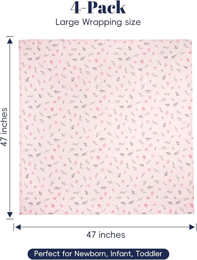 PHF Muslin Swaddle Blankets for Newborn, Large 47x 47 Inches 4 Pack Organic Soft Breathable Receiving Blankets, Skin-Friendly Muslin Baby Swaddles for Girls, Baby Essentials Shower Gifts, Floral