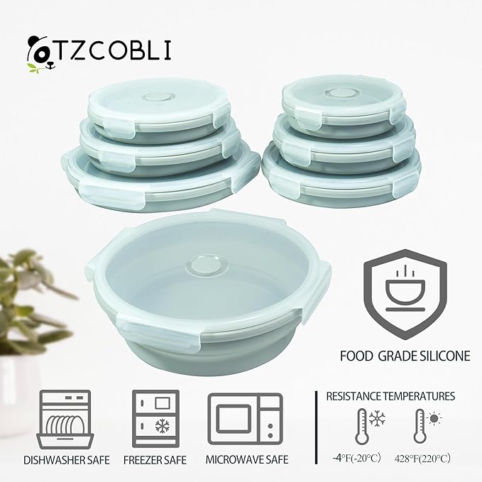 Plus 6PCS Foldable Silicone Food Storage Containers for Kitchen Storage for Leftovers Fruits and Meal Prep Dishwasher Safe Microwave Safe Ideal for Home and Travel (grey, round)