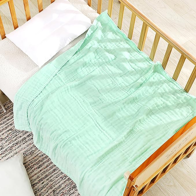 Aablexema Muslin Baby Blanket Set of 2, 6-Layer 43 x 43 Inches Newborn Toddler Bath Towel Swaddle Wrap Blankets for Boys Girls (White&Green)