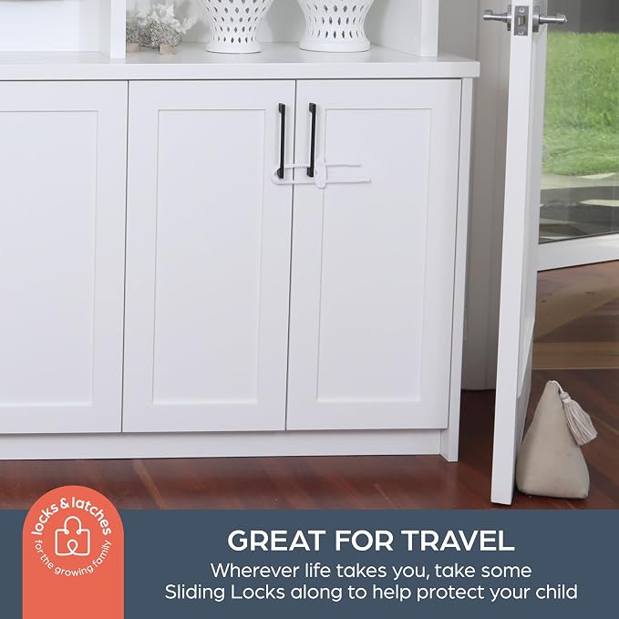 Dreambaby Sliding Cabinet Locks - Child Proof Cabinet Latches - For Kitchen, Bathroom Storage Doors Handles & Knobs - Suitable for Round & D-Shaped Handles - 3 Pack - White - Model L183