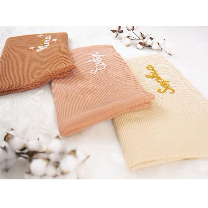 ZXH Personalised Baby Blankets,Custom Hand Embroidered Blankets,Name Blanket,Baby Name Knits -Soft Breathable Cotton Knitted Blanket Newborn Baby Gift
