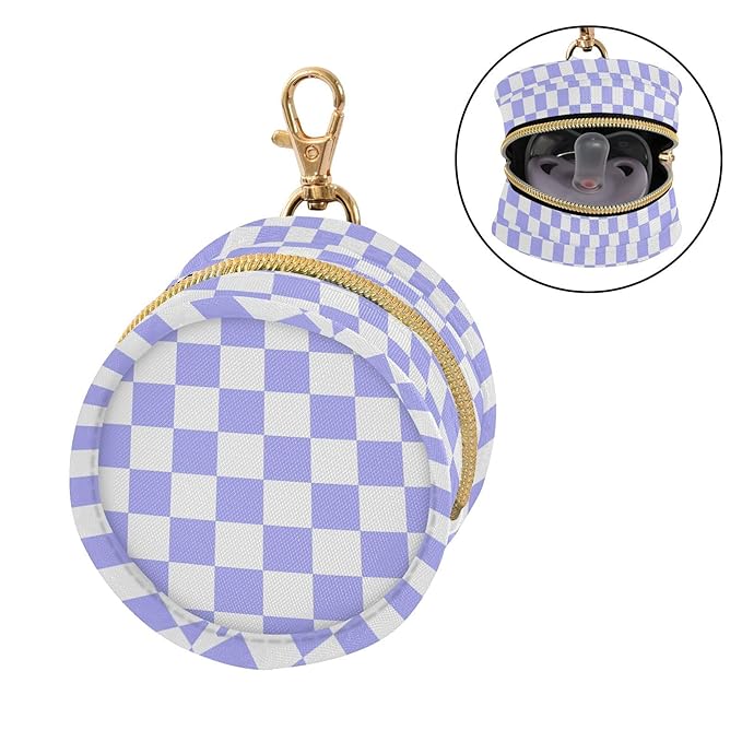Checkered Plaid White Purple Print Pacifier Holder Case with Metal Clip Portable Pacifiers Pouch for Newborn Baby Girls