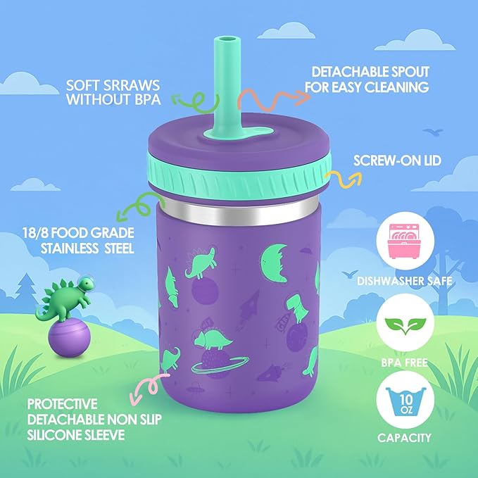Sursip Toddler Kids Cups with Lids and Straws, Stainless Steel Toddler Sippy Cups Kids Tumbler with Silicone Straws for Smoothie, Drinking, Snacks, BPA-Free, Dishwasher Safe - 10 oz (4 Packs)