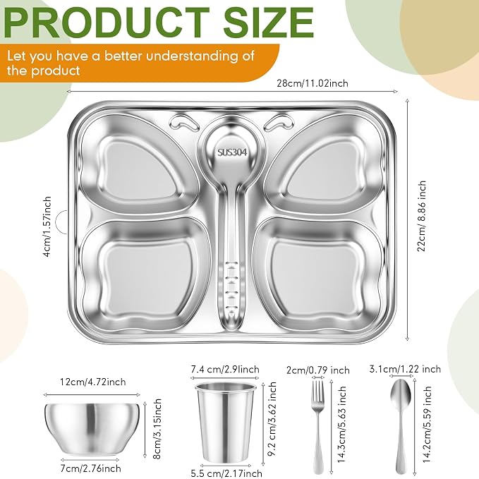 Jinei 20 Pieces Kids Stainless Steel Utensils Set Include 4 Butterfly Shaped Plates, 4 Bowls, 4 Cups, 4 Spoons, and 4 Forks, Stainless Steel Dinnerware Set for Toddler Utensils Silverware