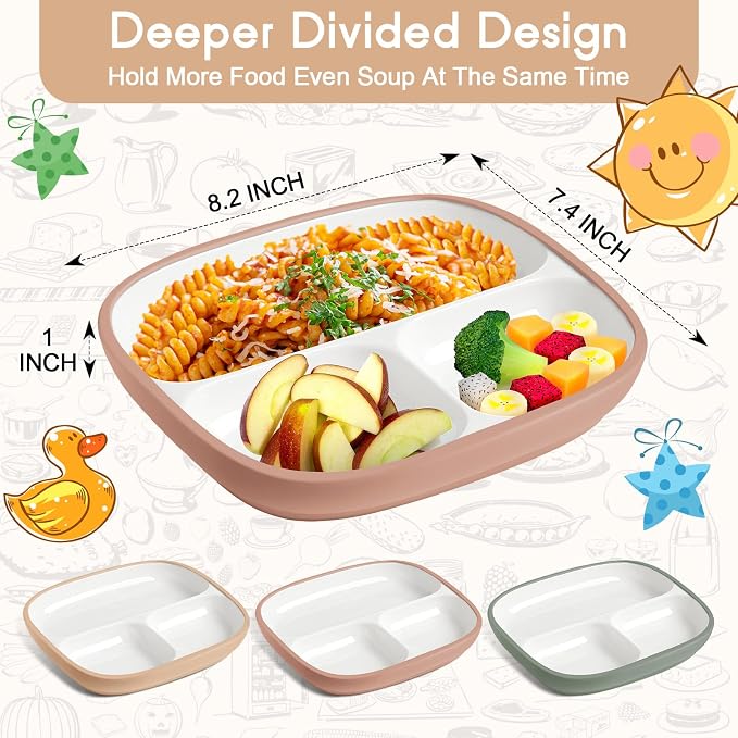 Domensi Kids Porcelain Plates with Silicone Sleeves 8.2 Inch Divided Porcelain Plate Toddler White Suction Dishes for Baby Troubleless Eating Microwave Dishwasher Safe(Vibrant,3 Set)