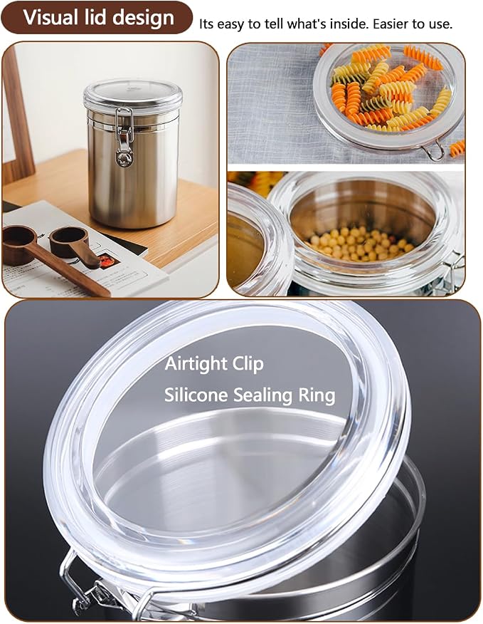 Walktosun Stainless Steel Food Container with Clear Lids Airtight Container Stackable Small Canisters Kitchen Pantry Storage for Cereal, Snacks, Candy, Herbs, Spices, Sugar, Tea (1.8L Silver-2)