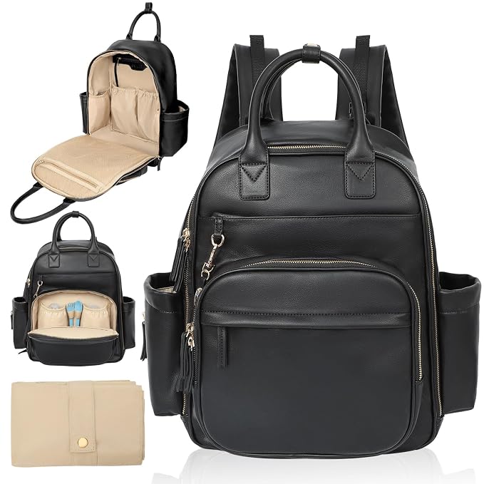 Omanmoli Diaper Bag Backpack,Leather Baby Bag with 16 Pockets,Large Travel Diaper Backpack,Baby Essential Organizer,4 Insulated Pockets,Changing Pad,Black