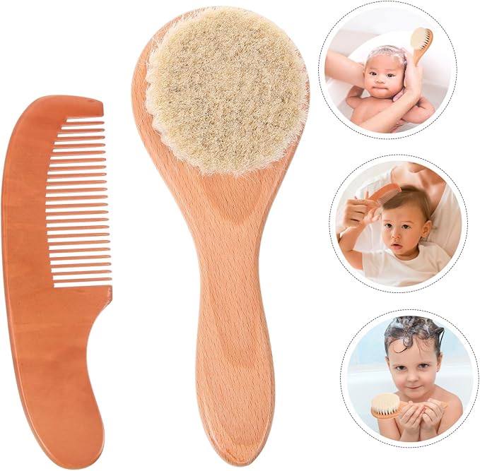 Kisangel 1set Hair Brush and Wooden Comb Set Wool Brush Kit for Newborns Gentle Scalp Massage and Detangling Lightweight and Portable Hair Care Accessories