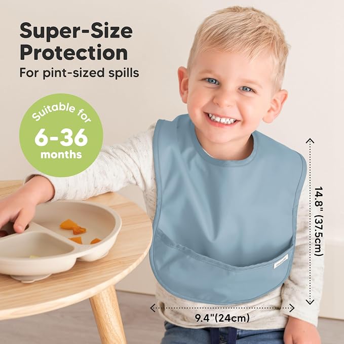 KeaBabies 3-Pack Silicone Baby Spoons and 3-Pack Waterproof Baby Bibs for Eating - Toddler First Food Training Spoon - Lightweight Boys & Girls Bib with Food Catcher