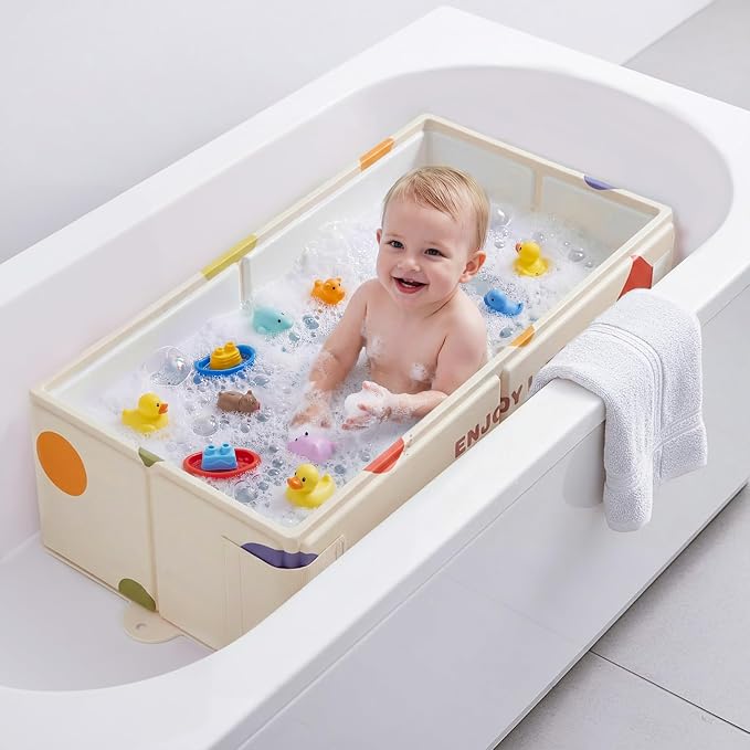 Collapsible Baby Bathtub for Newborn to Toddler, Foldable Toddler Bathtub with Drain Plug, Non-Slip Portable Infant Bath Tub for Travel Storage Outdoor Use, Cream Geometric
