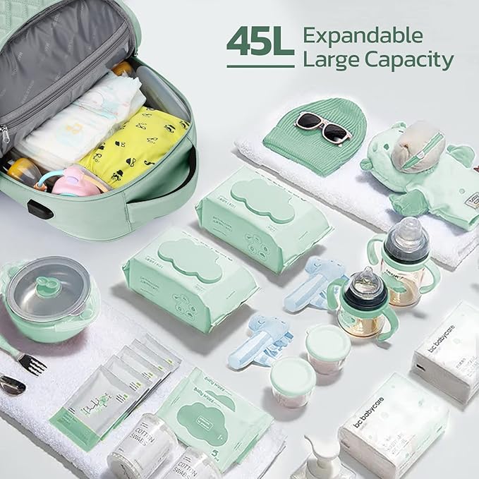 Diaper Bag Backpack,29L-45L Expandable Large Baby Bag for 2 Kids/Twins with Removable Cross Body Bottle Bag for Mom/Dad,Stylish Nappy Bag Gift for Boys/Girl-Mothers Day Gifts-Mint Green