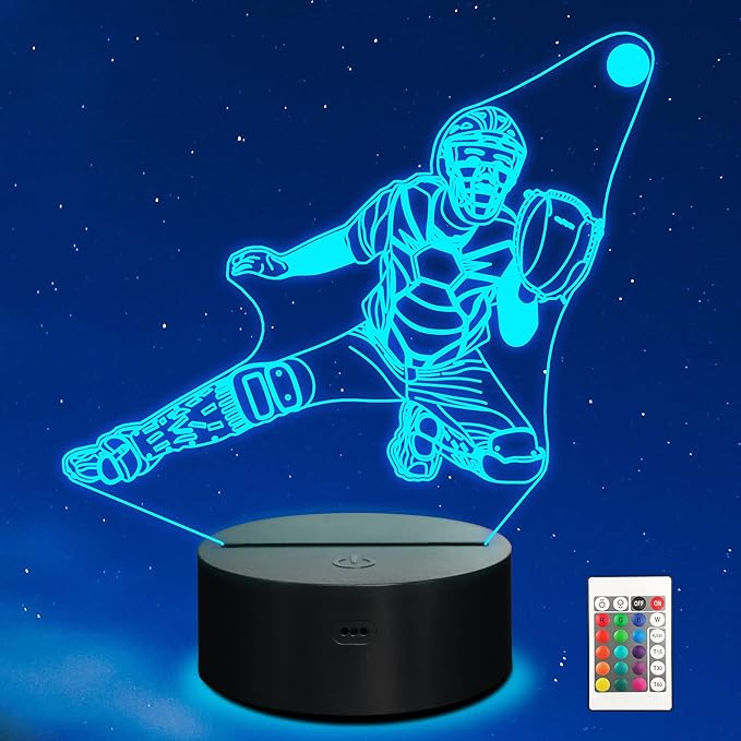 Ammonite Baseball Catcher Night Light, 3D Illusion Baseball Player Lamp for Kids, 16 Colors Changing with Remote, Kids Bedroom Decor as Xmas Holiday Birthday Gifts for Boys Girls