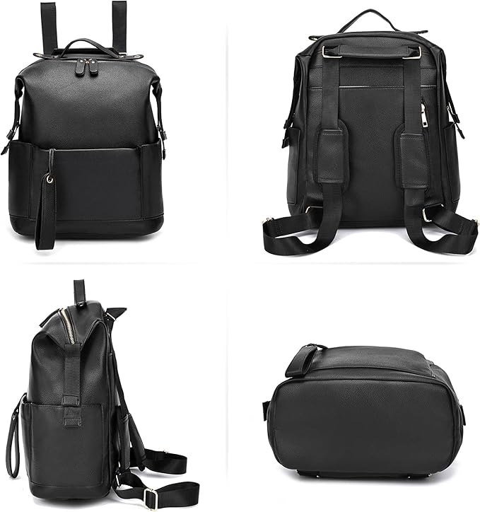 Diaper Bag Backpack Leather Backpack for Women Travel Baby Bag Mother Outdoor Backpack with Changing Pad Stroller Straps(2 pieces) Black