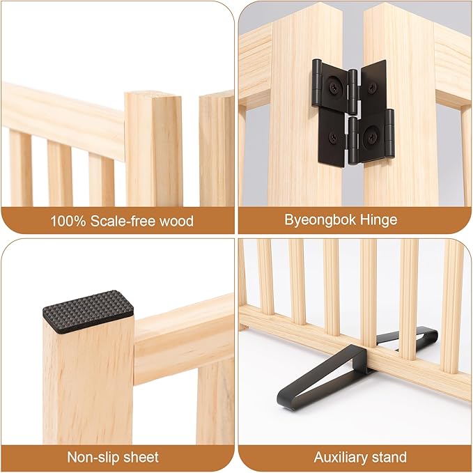 YOCAN Non-Painted Wooden Freestanding Dog Gates for The House,Doorways, Stairs,Wood Dog Fences Indoor Pet Gate,Step Over Fence-6 Panel H:23”