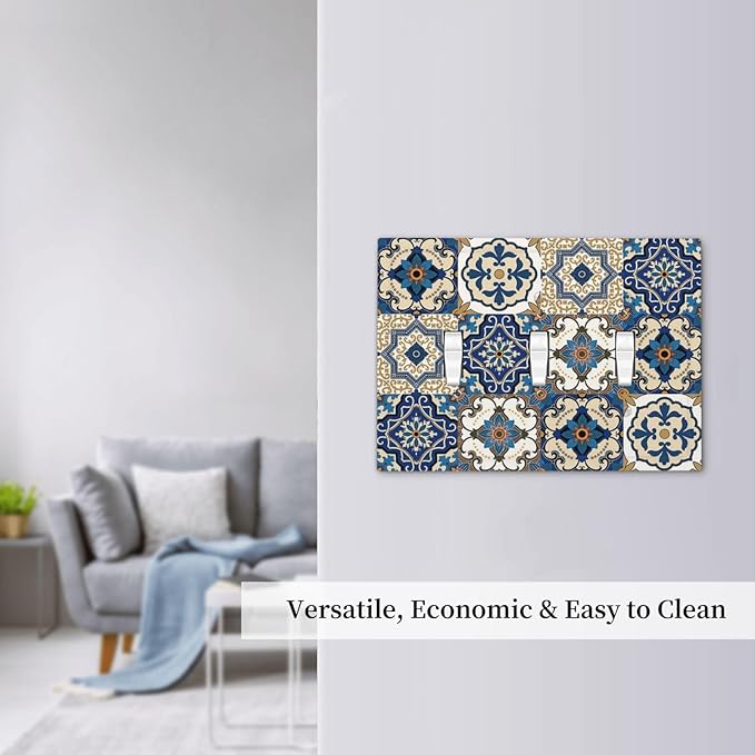 Boho Talavera Decorative Tile Moroccan Mandala Print Decorative Switch Plates 3 Gang Wall Plate Triple Toggle Light Switch Cover Faceplate Electrical Wall Panels for Bathroom Kitchen Decor