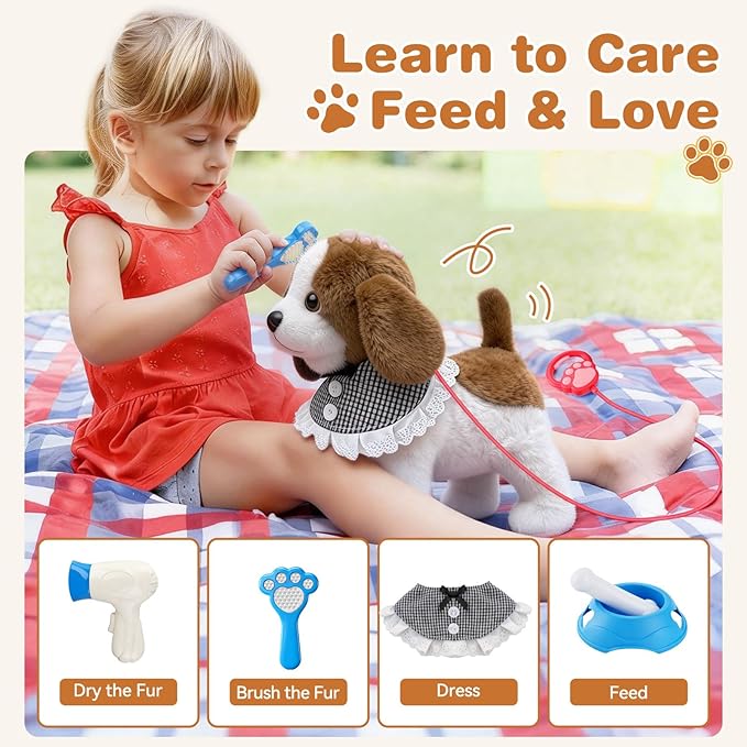 Talkfun Interactive Plush Puppy Toys for 1,2,3 Year Old Boy Girl Gifts, Musical Walking Dog with Leash, Realistic Pet Play Toy for Toddlers 1?? Age, Soft Stuffed Electronic Puppy with Accessories