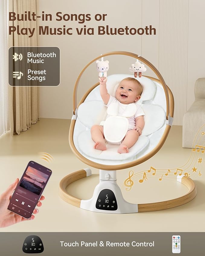 Baby Swings for Infants, Electric Infant Swing with 5 Speed Modes, 5-Point Harness, 3 Timer Settings, Built-in Lullabies & Bluetooth, Portable Modern Swing for Indoor & Outdoor (White)