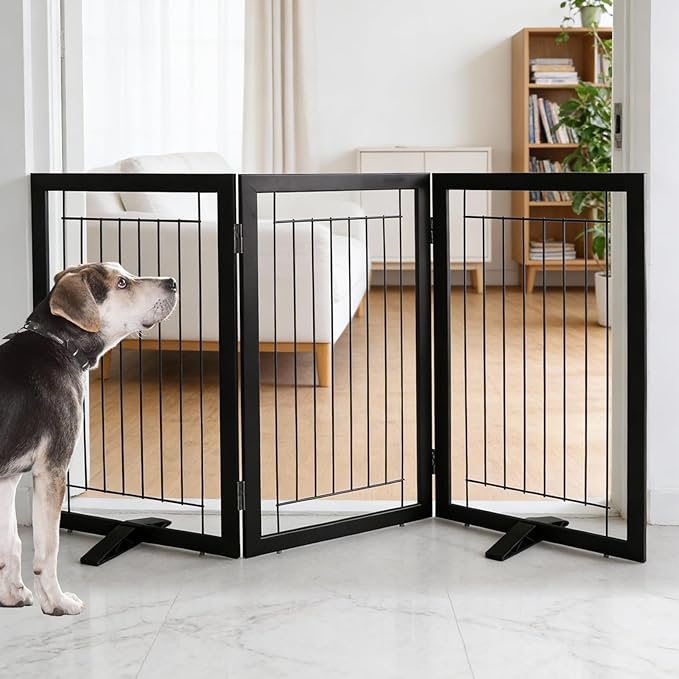 Dog Fence Indoor - 3-Panel Freestanding Dog Gate for Doorways, Hallways, House or Stairs -60x32-Inch Retractable Foldable Expandable Wood Pet by SFJC (Black)