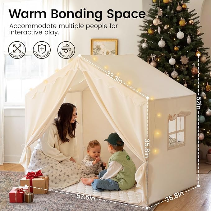 Tiny Land Kids Tent with Mat and Star Lights, Indoor Playhouse for Toddlers, 57"x36"x52" Large Reading Nook for Girls & Boys, Modern Bed Canopy for Kids Room, Teepe Tent
