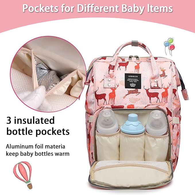 Diaper Bag Backpack for Mom Dad, Maternity Changing Bag Diaper Backpack with Stroller Straps(deer pink)