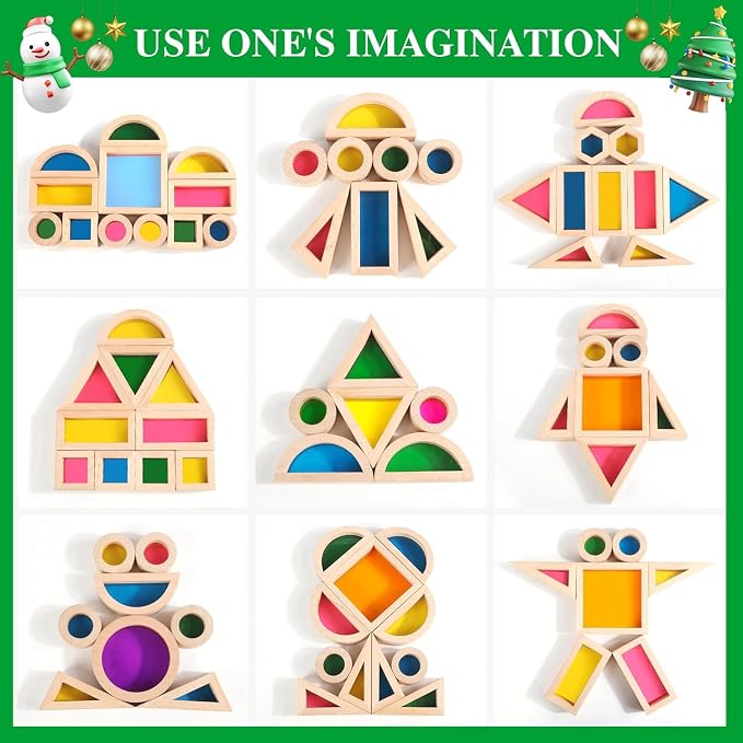 Wooden Building Blocks Set with Colored Acrylic Windows - 32 Pieces - Montessori Light Table Educational Sensory Stacking Toys for Toddlers & Preschoolers Ages 18M+