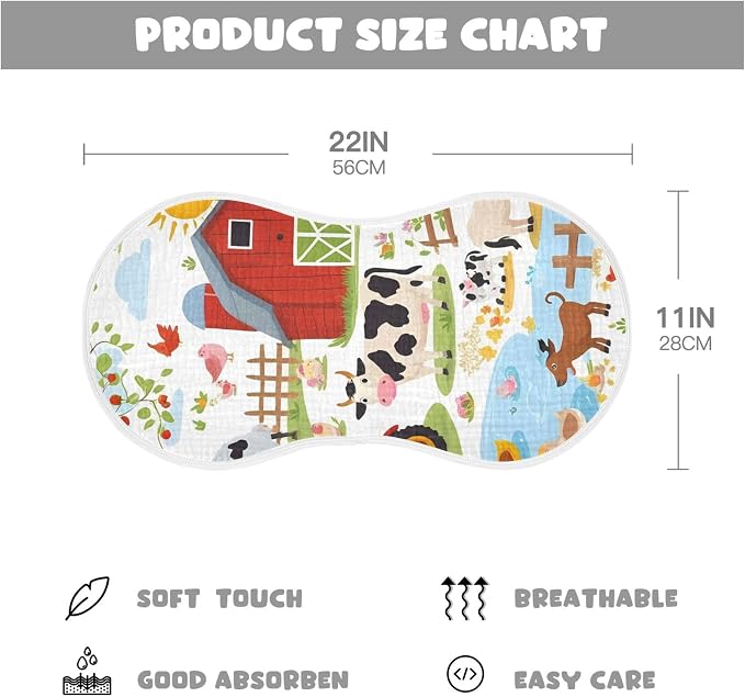 Burbuja Farm Animals Muslin Baby Burp Cloths, Soft & Absorbent Cotton Burping Rags for Newborn Boys & Girls, 2 Pack